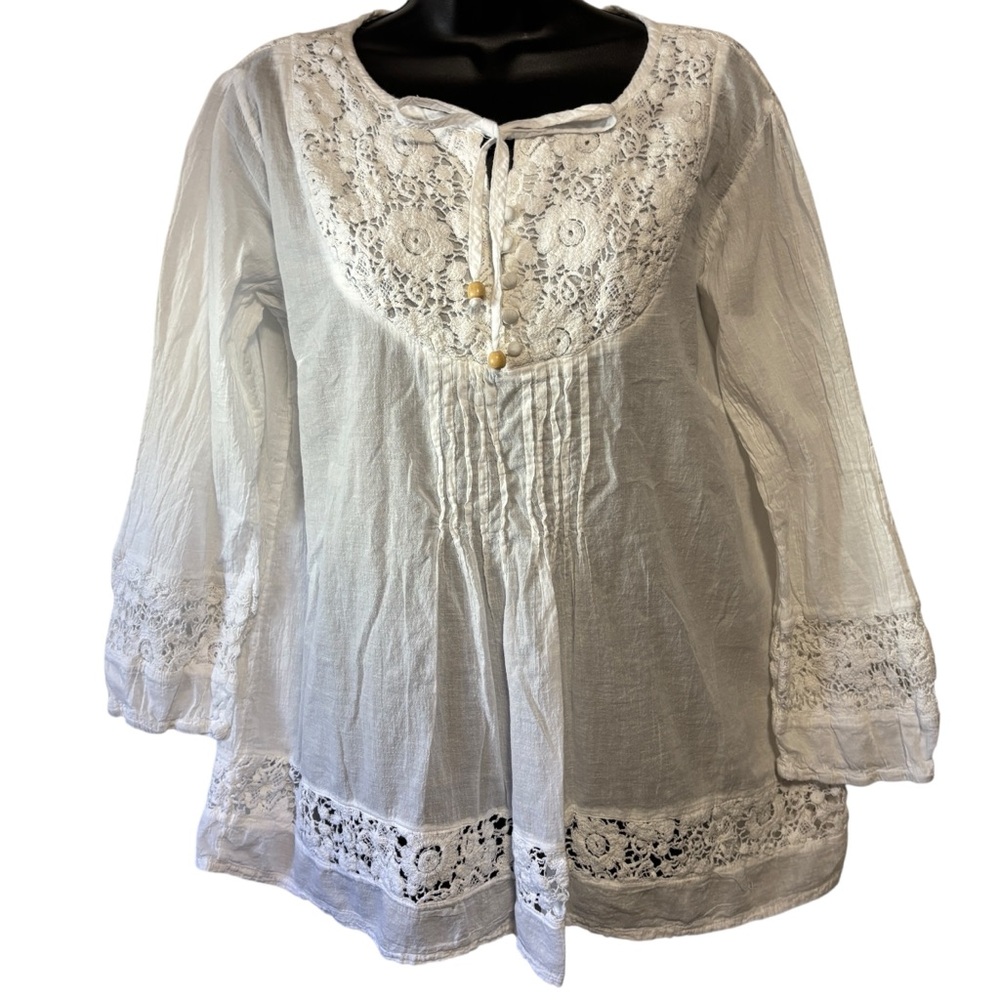 S.R. Fashion Crochet lace white top 3/4 sleeves 100% cotton crinkle fabric beach - Picture 2 of 12